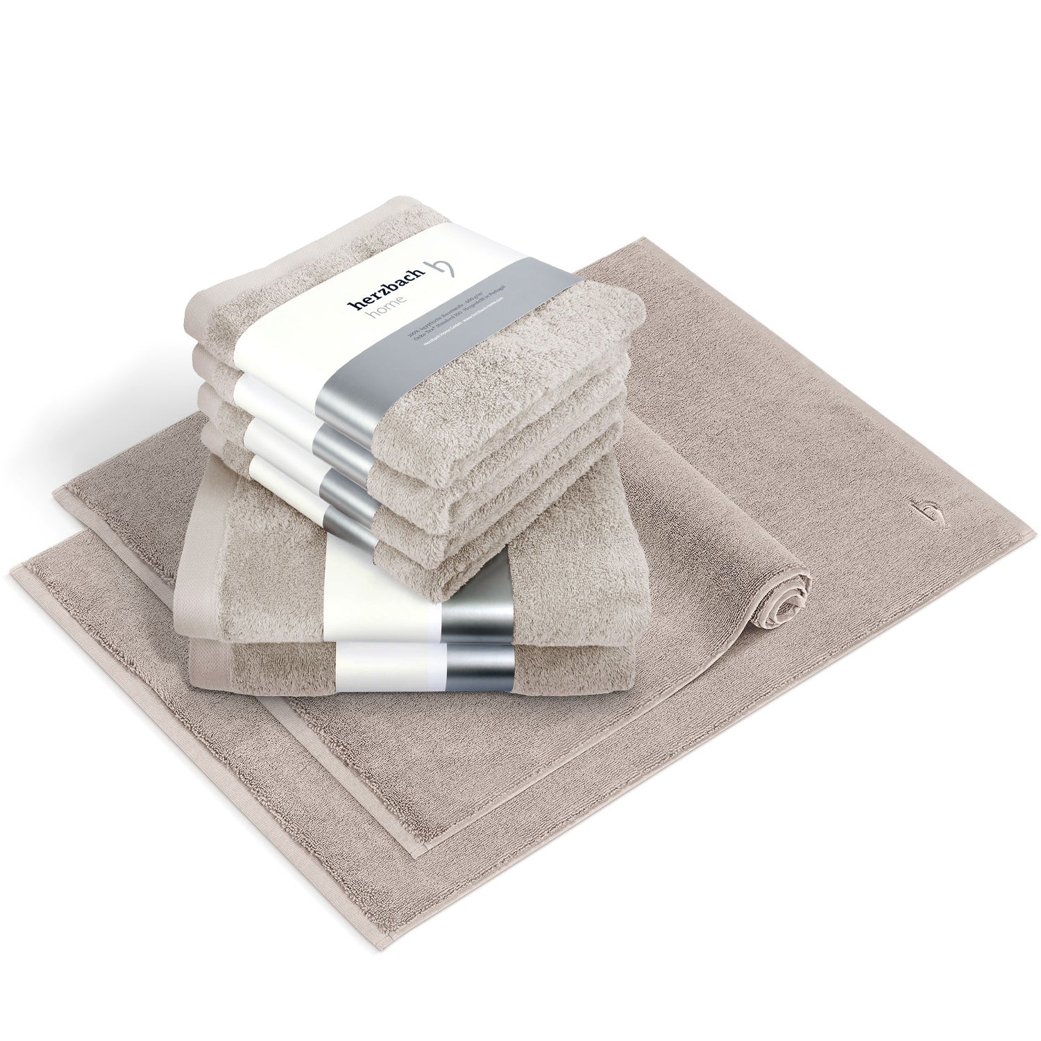 Pura Bundle Sandgrau – 6 Handtücher + 2 Badvorleger 50×70