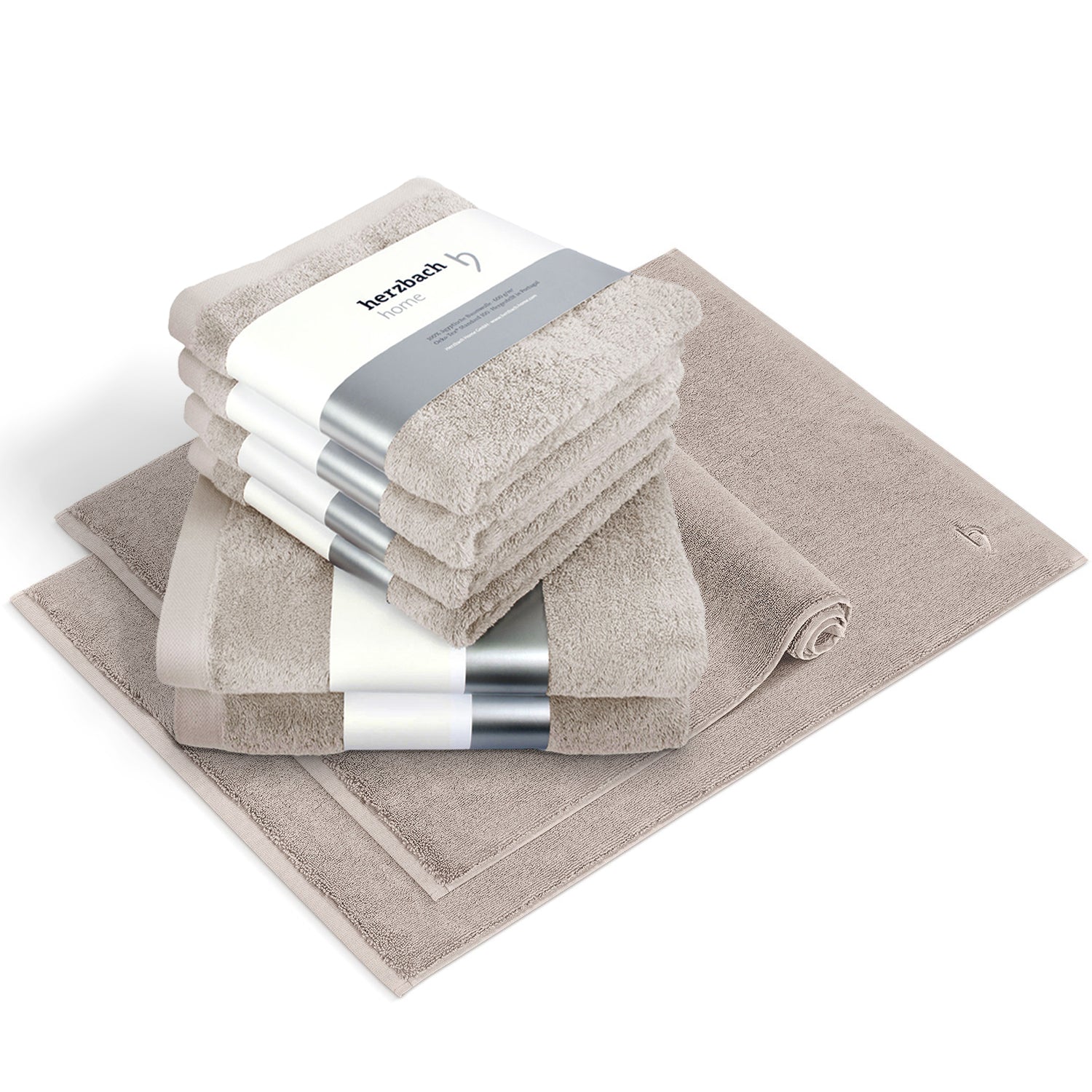 Pura Bundle Sandgrau – 6 Handtücher + 2 Badvorleger 50×70